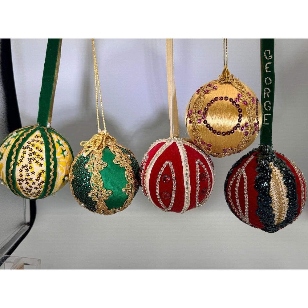 5 Jumbo Handmade Quilted Fabric Ornaments Christmas Holiday Beaded Sequined